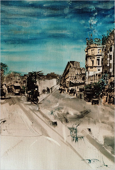 Boulange – Canopy, bicycle, skirt, grey, brownish, market stalls, magazines, streetcar, 1918, boulevard,  rooftops, bernt danielsson